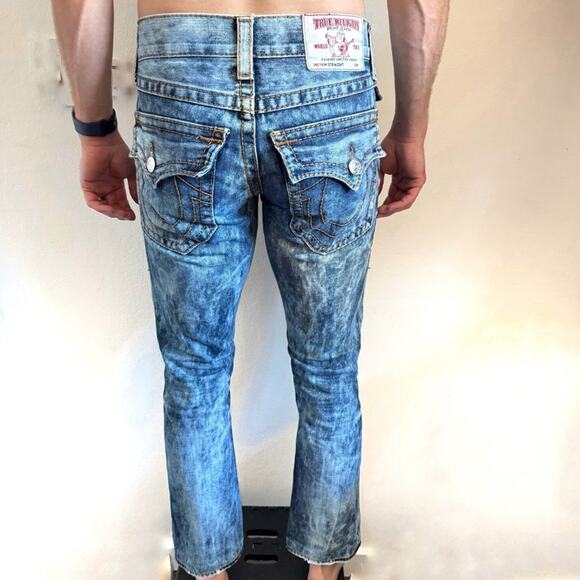 TRUE RELIGION MENS Blue White Acid Wash Relaxed Straight Leg Flap Denim Jeans 29 - Picture 11 of 14